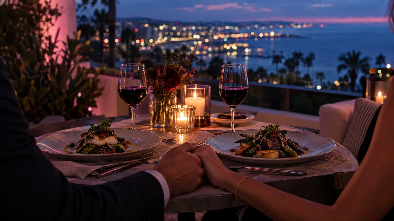 A candlelit dinner for two on a terrace at dusk