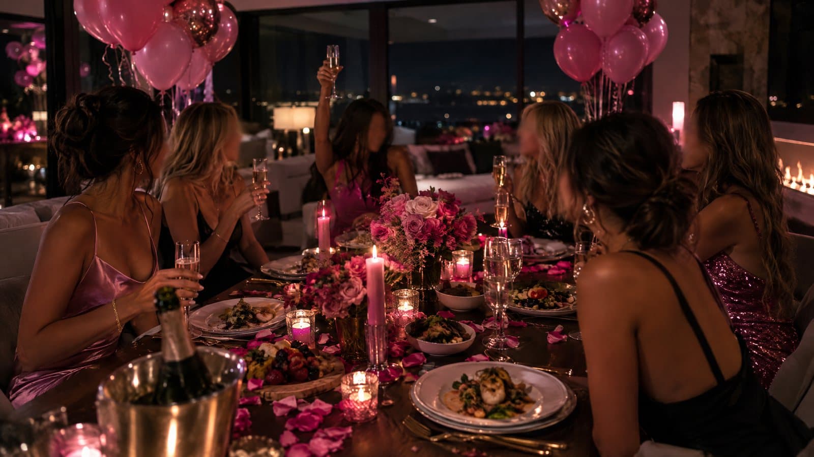 A bachelorette dinner party with pink decor and champagne