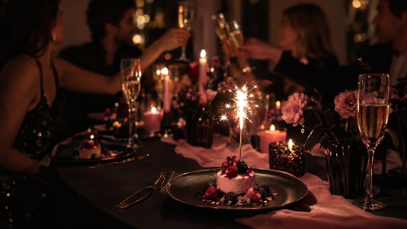 Friends toasting at a birthday dinner with a dessert and a sparkler