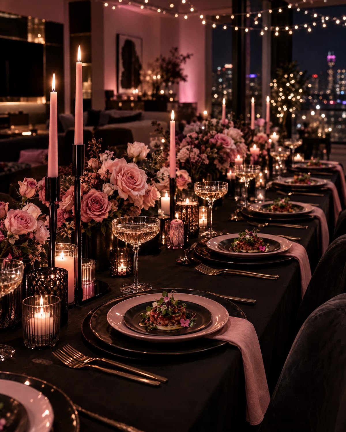 A celebration table set in black and blush pink with candles and roses