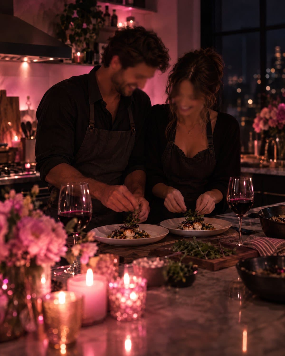 A couple plating a dish together at a date night cooking class