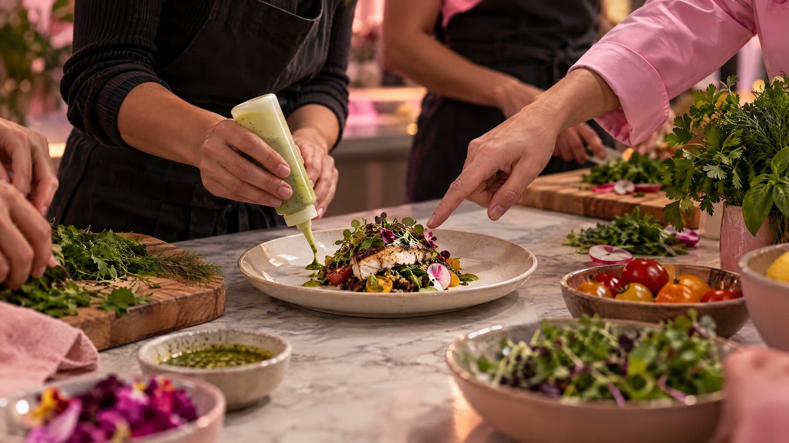 Hands plating a dish at a cooking class