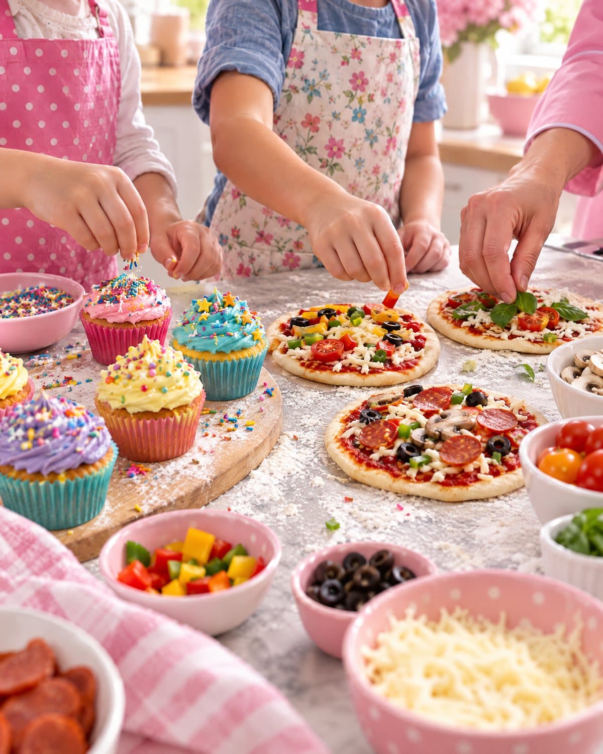 Children's hands decorating cupcakes and mini pizzas at a kids' cooking class
