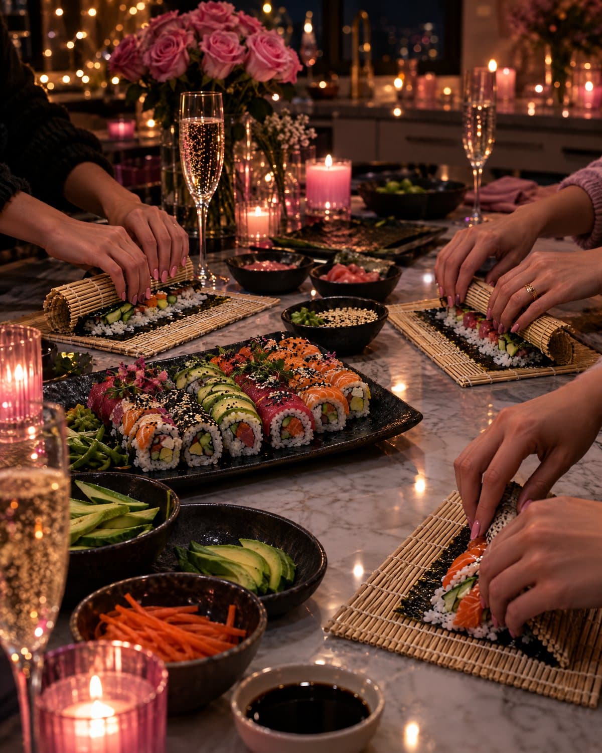 Women with champagne rolling sushi at a ladies' night cooking class