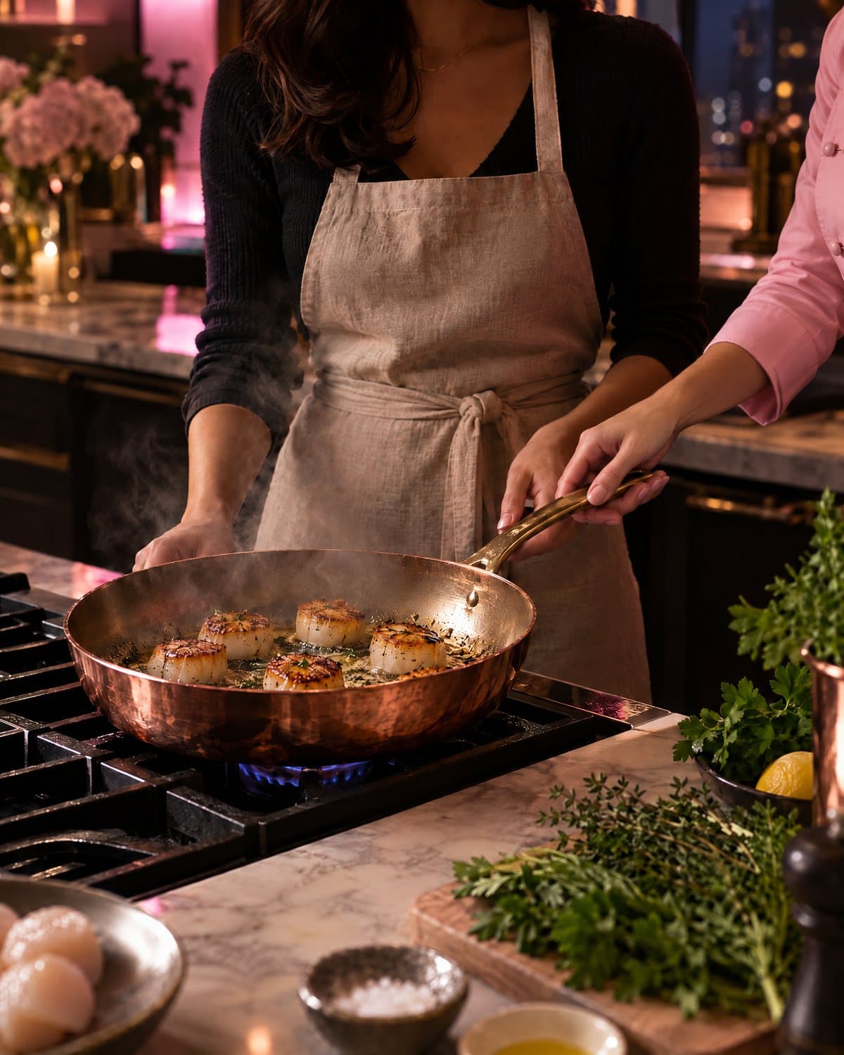 A cooking student searing scallops with a chef guiding the pan