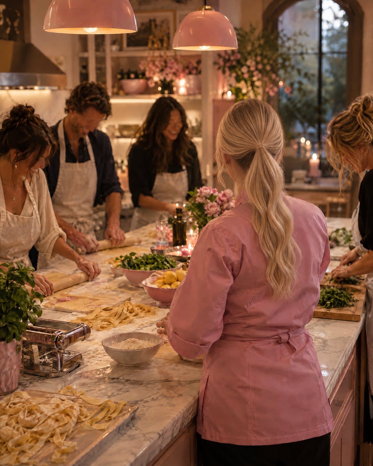 Guests in aprons at a hands-on cooking class in a home kitchen