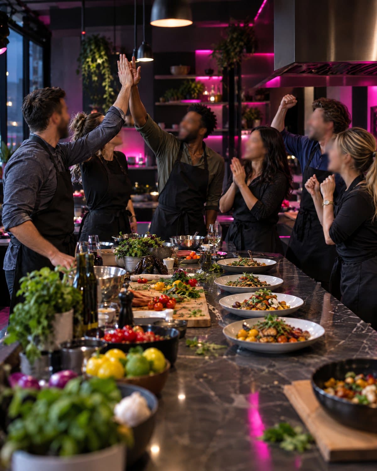 Coworkers in aprons cheering at a team cooking class