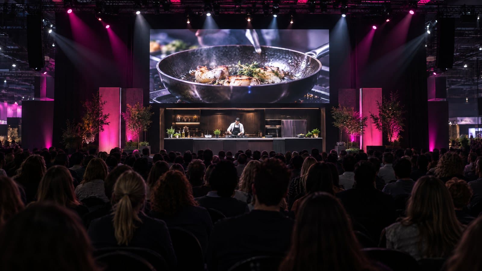 An audience watching a live cooking demo on an expo stage
