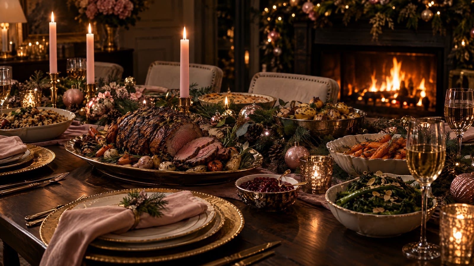 A holiday dinner table with candles, garland and a roast