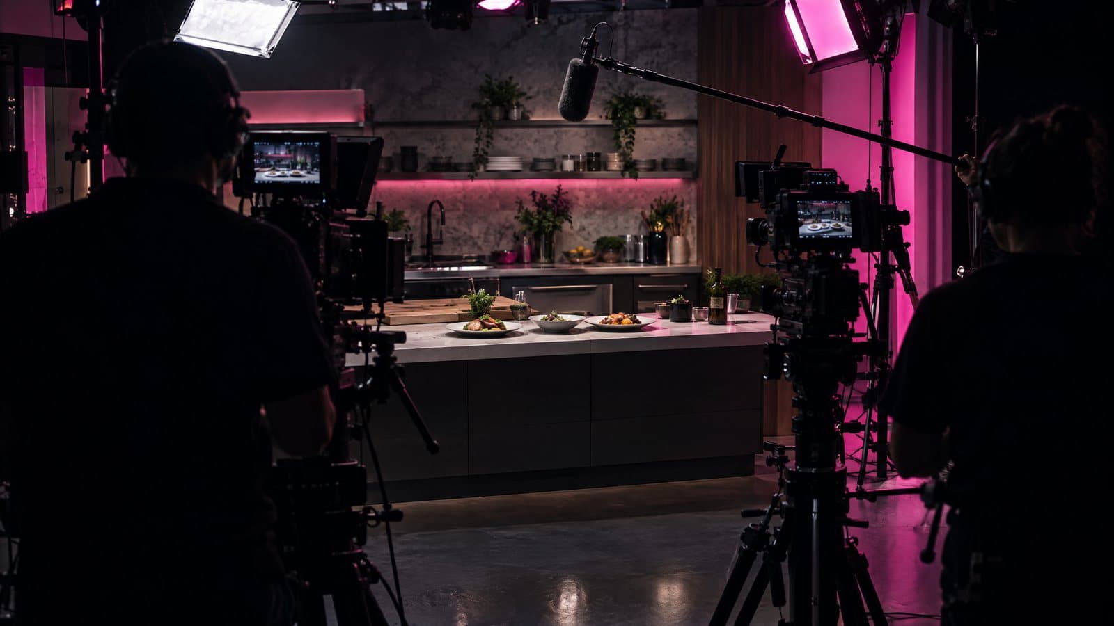 Cameras and lights on a television cooking set