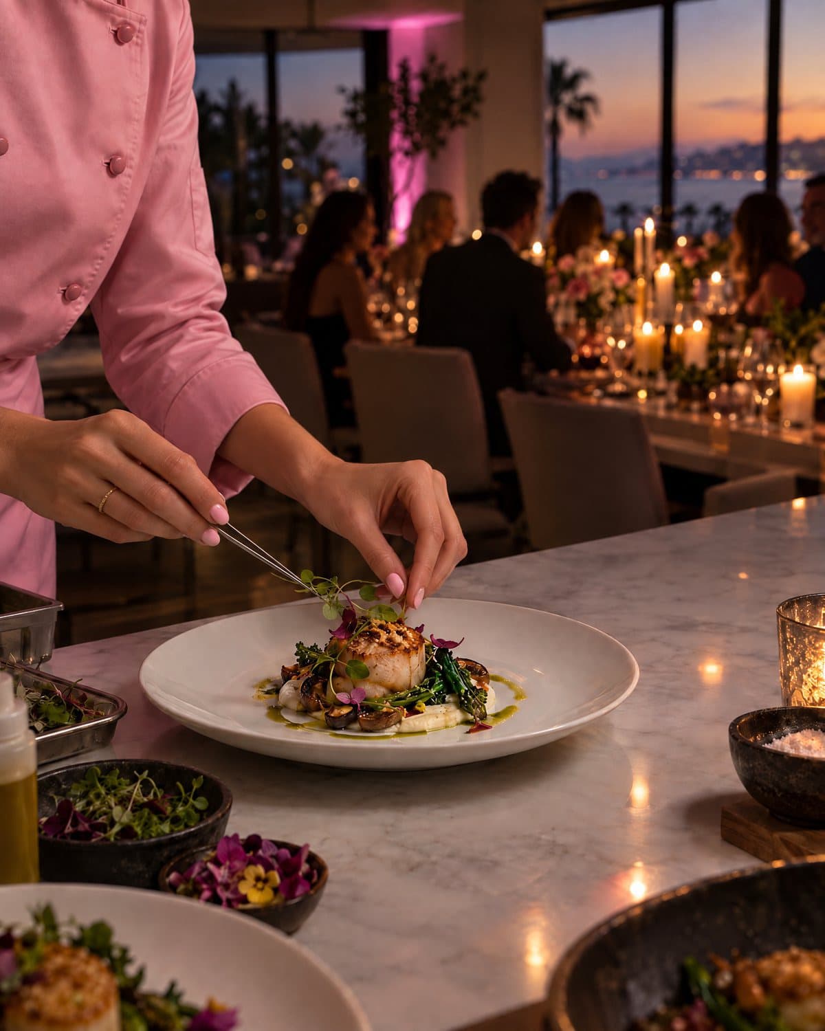 A chef's hands plating a course at a candlelit dinner party
