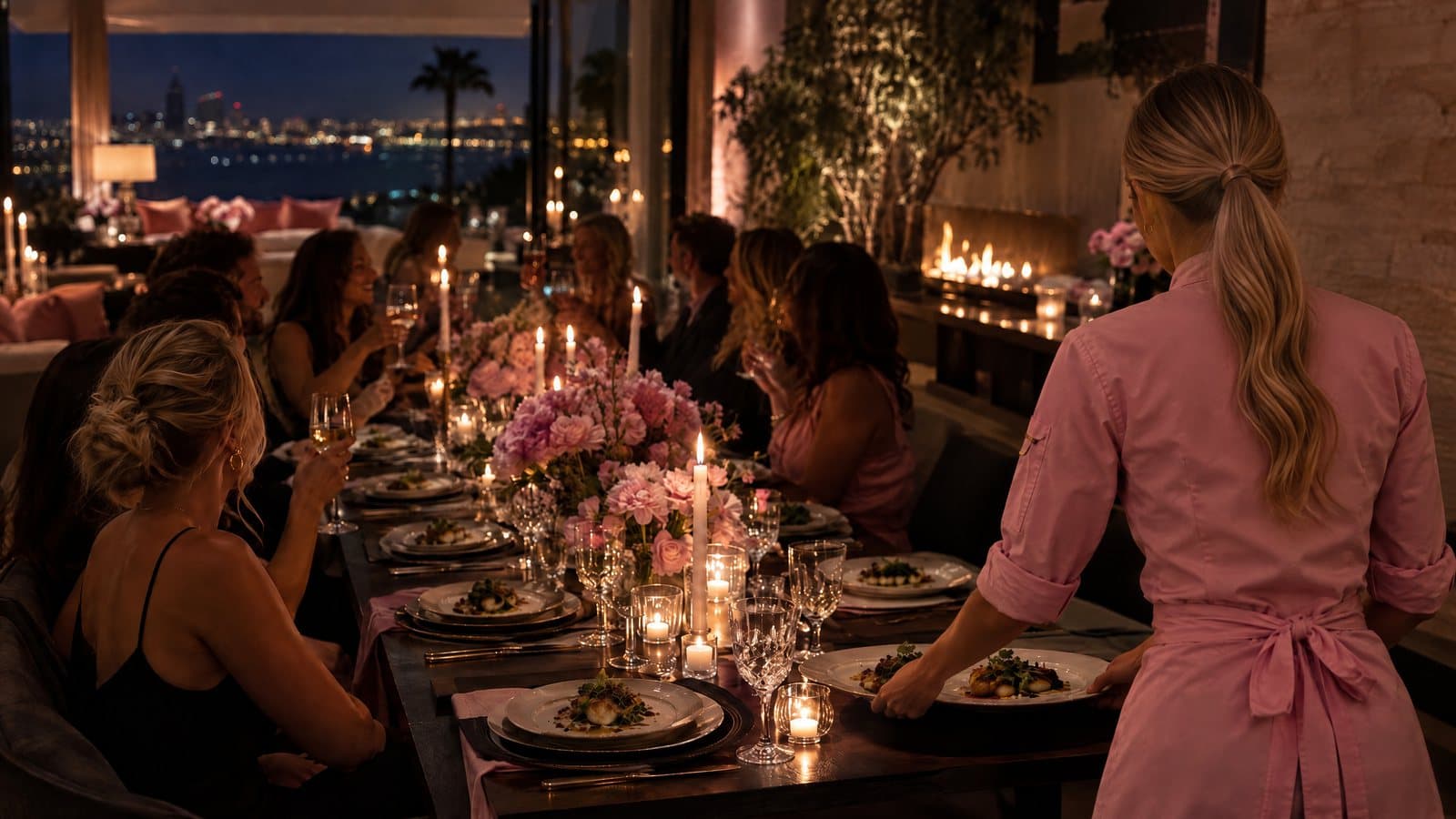 A candlelit dinner party table with plated courses being served