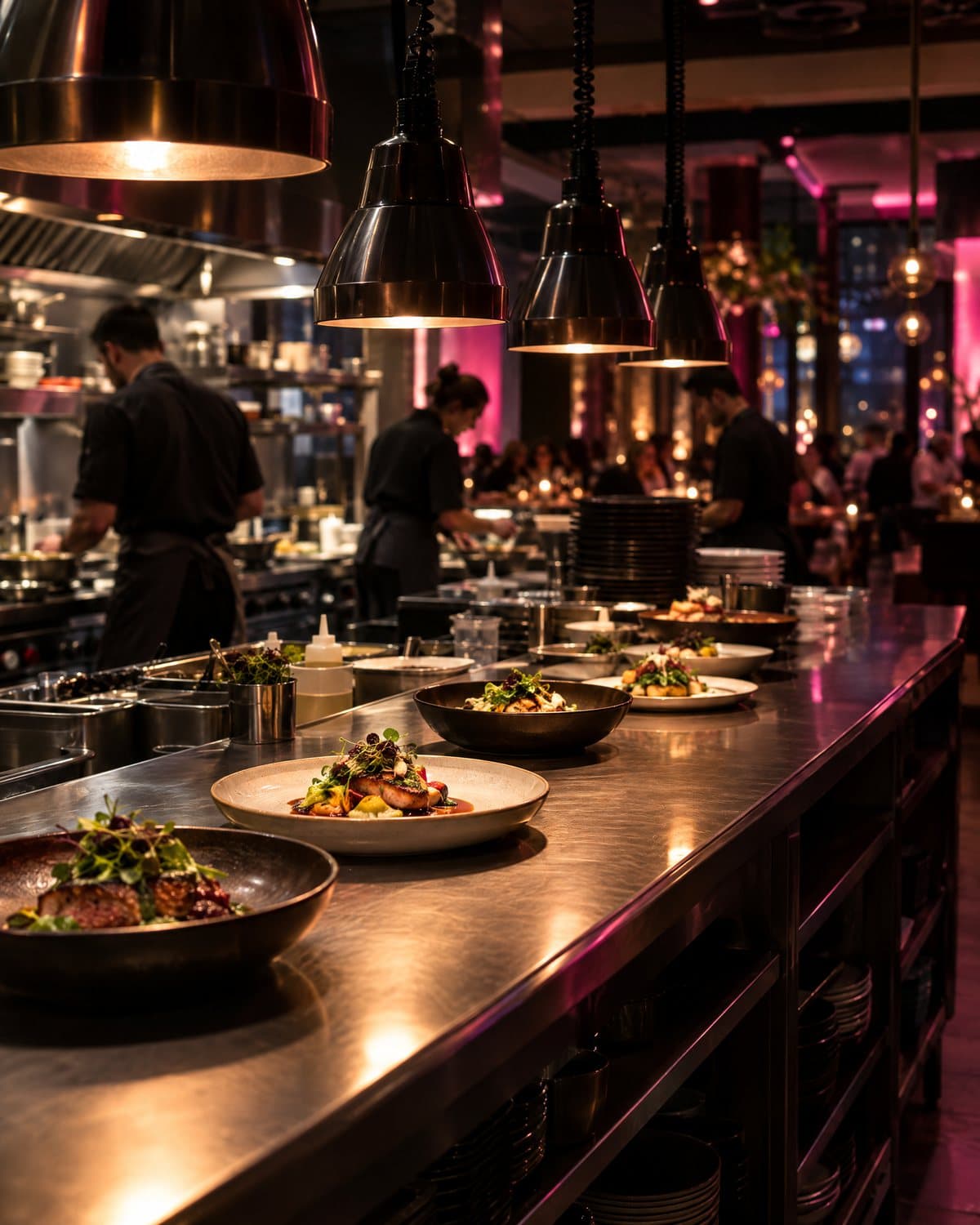 A restaurant kitchen pass during evening service